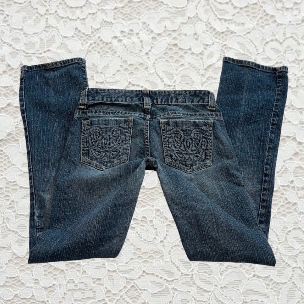vintage guess low rise bootcut embroidered pocket jeans